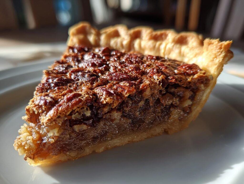 A slice of pecan pie on a white plate. This is the dessert everyone asks for on holidays.