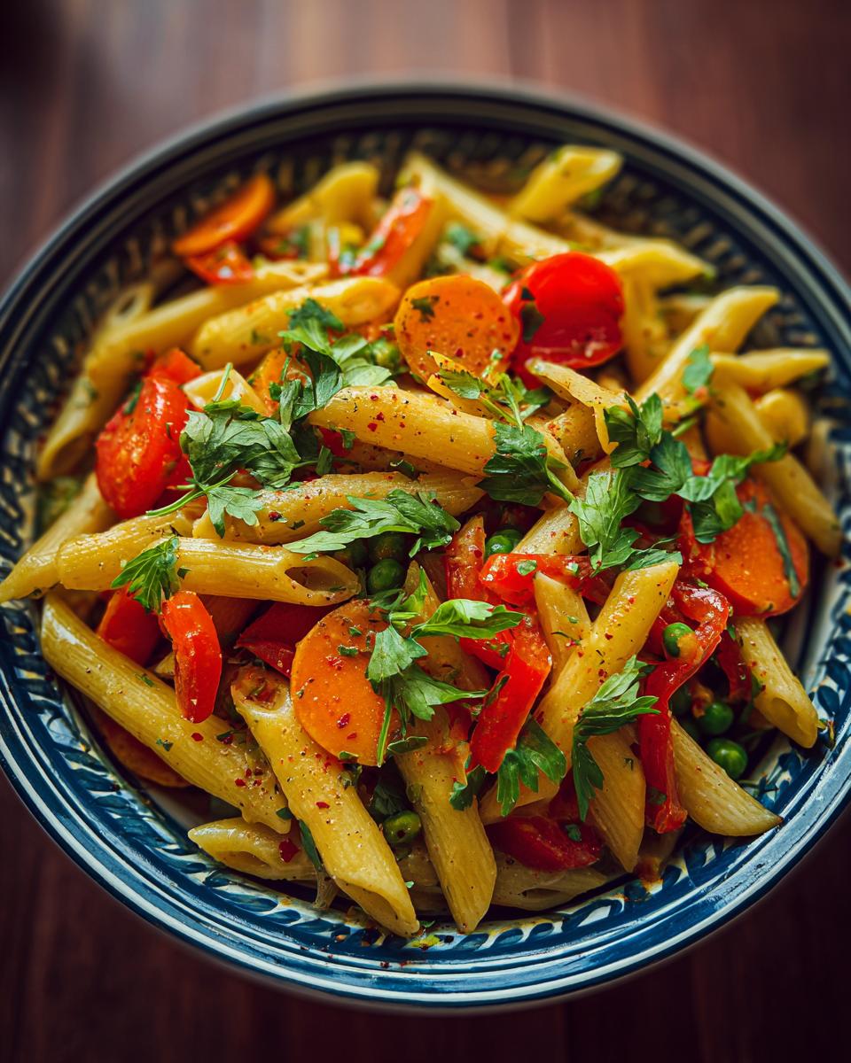 Close-up of Penne Pasta Primavera with vegetables like carrots, tomatoes, and peas.