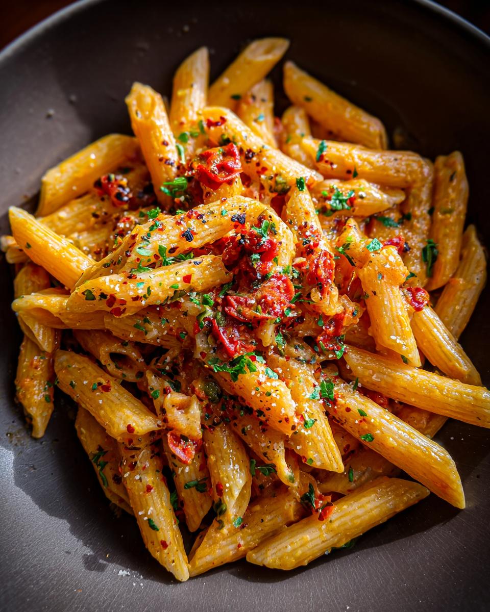 Close-up of Penne Pasta Primavera in a bowl, a healthy dinner recipe.