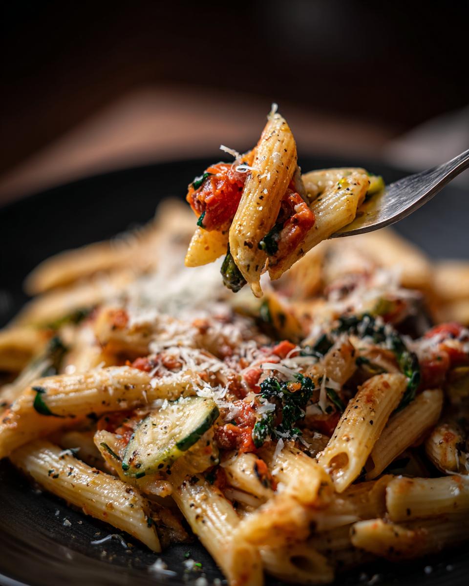 Close-up of penne pasta primavera on a fork, showing vegetables and cheese, the perfect easy and healthy dinner.