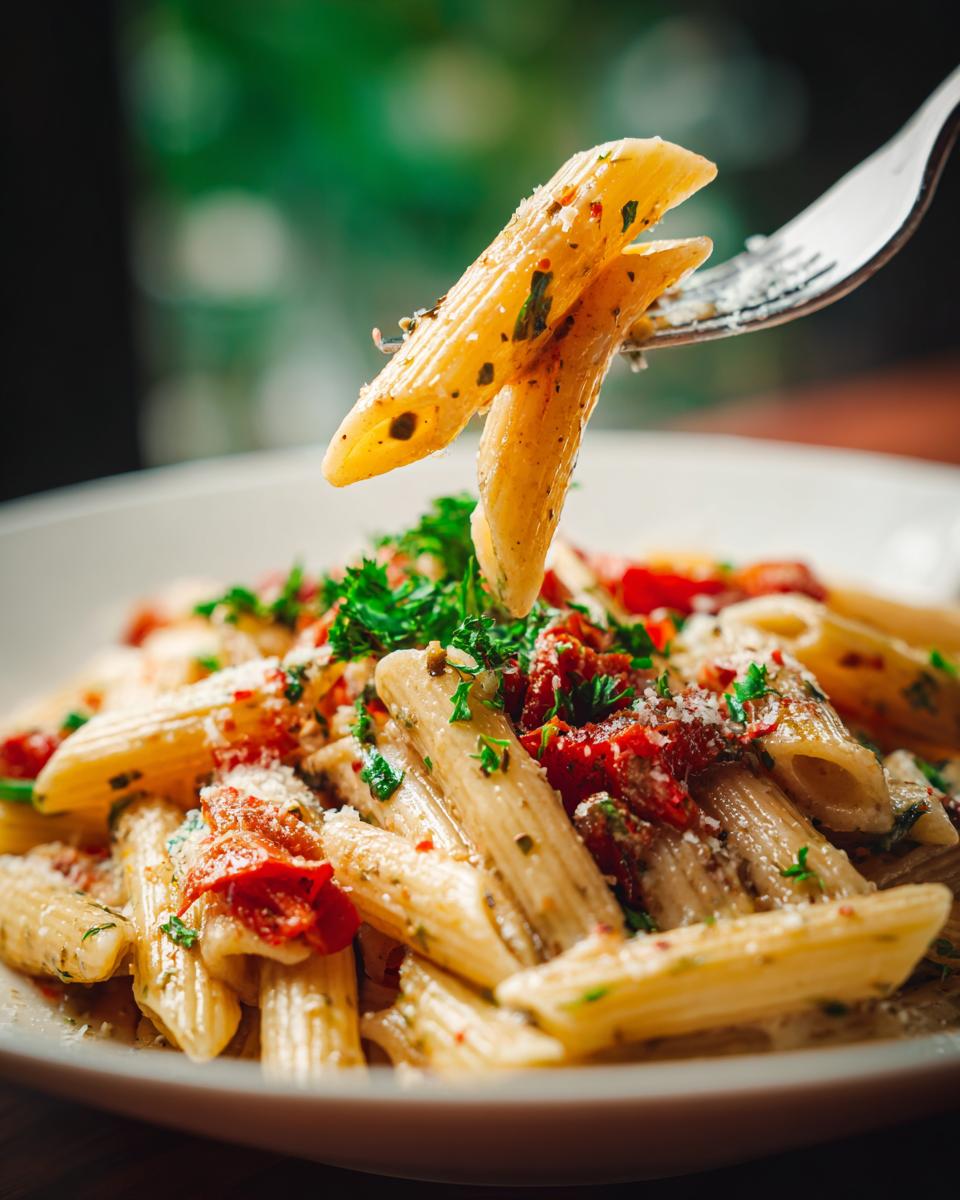 Close-up of Penne Pasta Primavera being lifted by a fork, showing the delicious pasta.