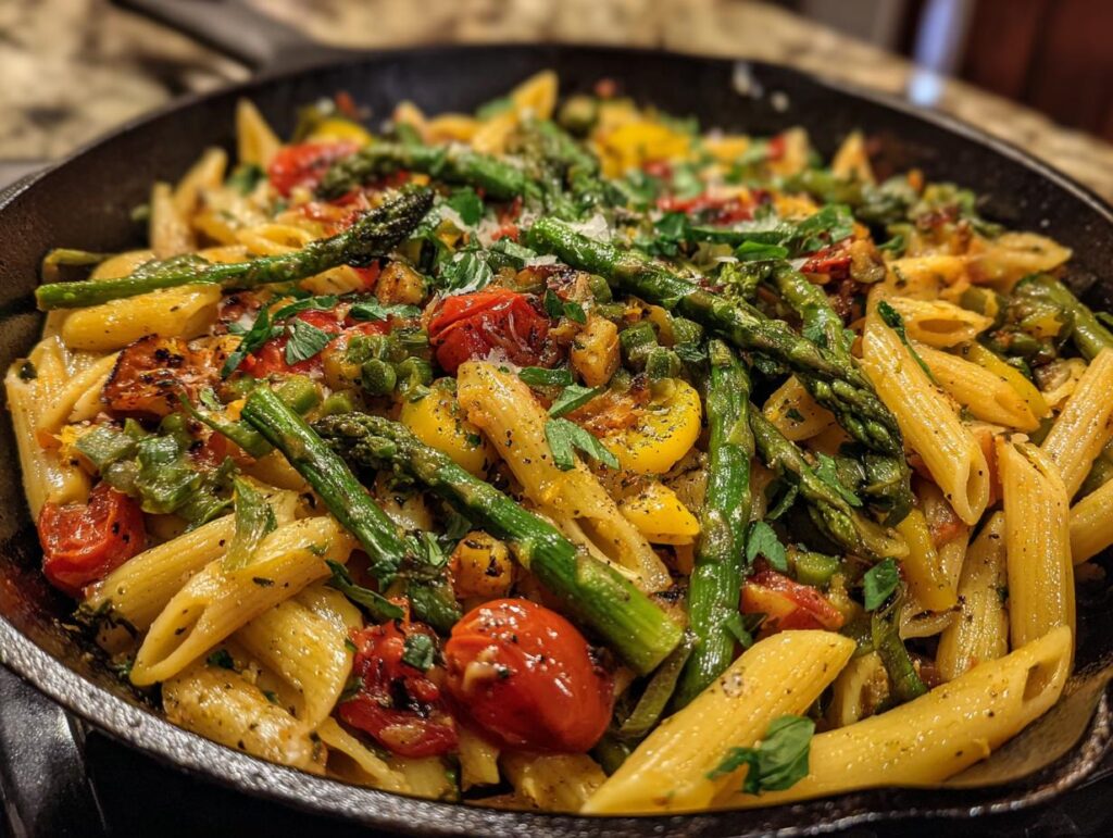 Close-up of Penne Pasta Primavera with asparagus, tomatoes, and herbs.