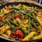 Close-up of Penne Pasta Primavera with asparagus, tomatoes, and herbs.