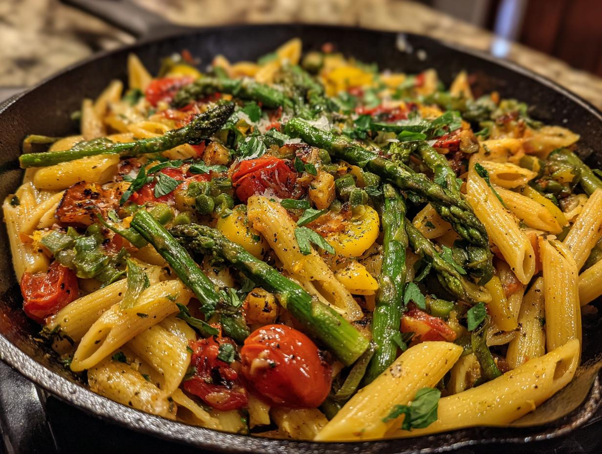 Close-up of Penne Pasta Primavera with asparagus, tomatoes, and herbs.