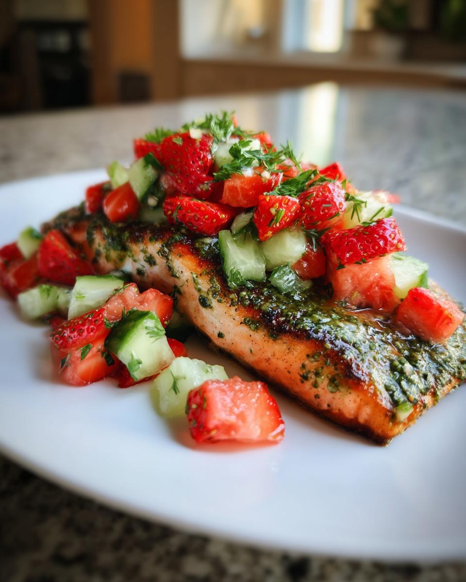 Close-up of Pesto Grilled Salmon topped with strawberry cucumber salsa on a white plate.