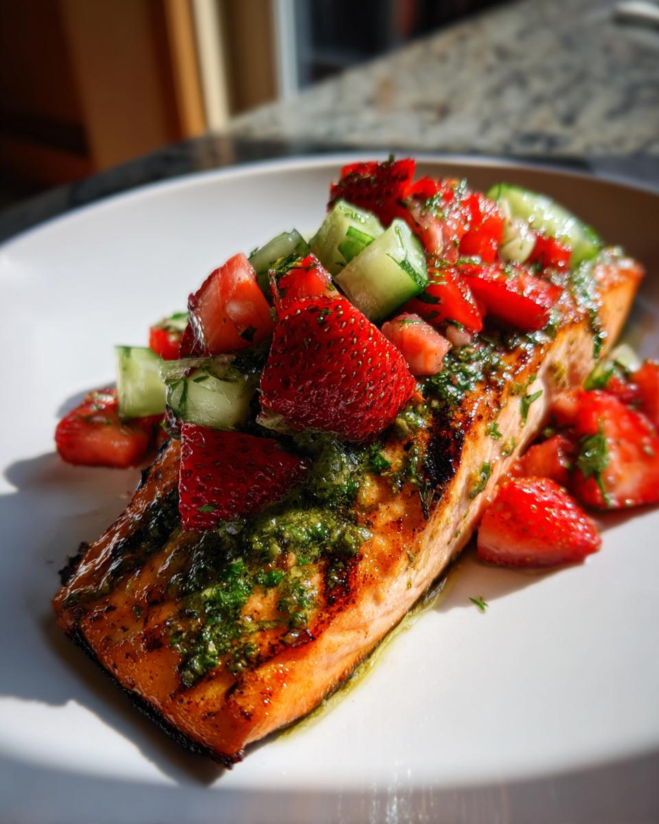 Close-up of Pesto Grilled Salmon topped with strawberry cucumber salsa on a white plate.