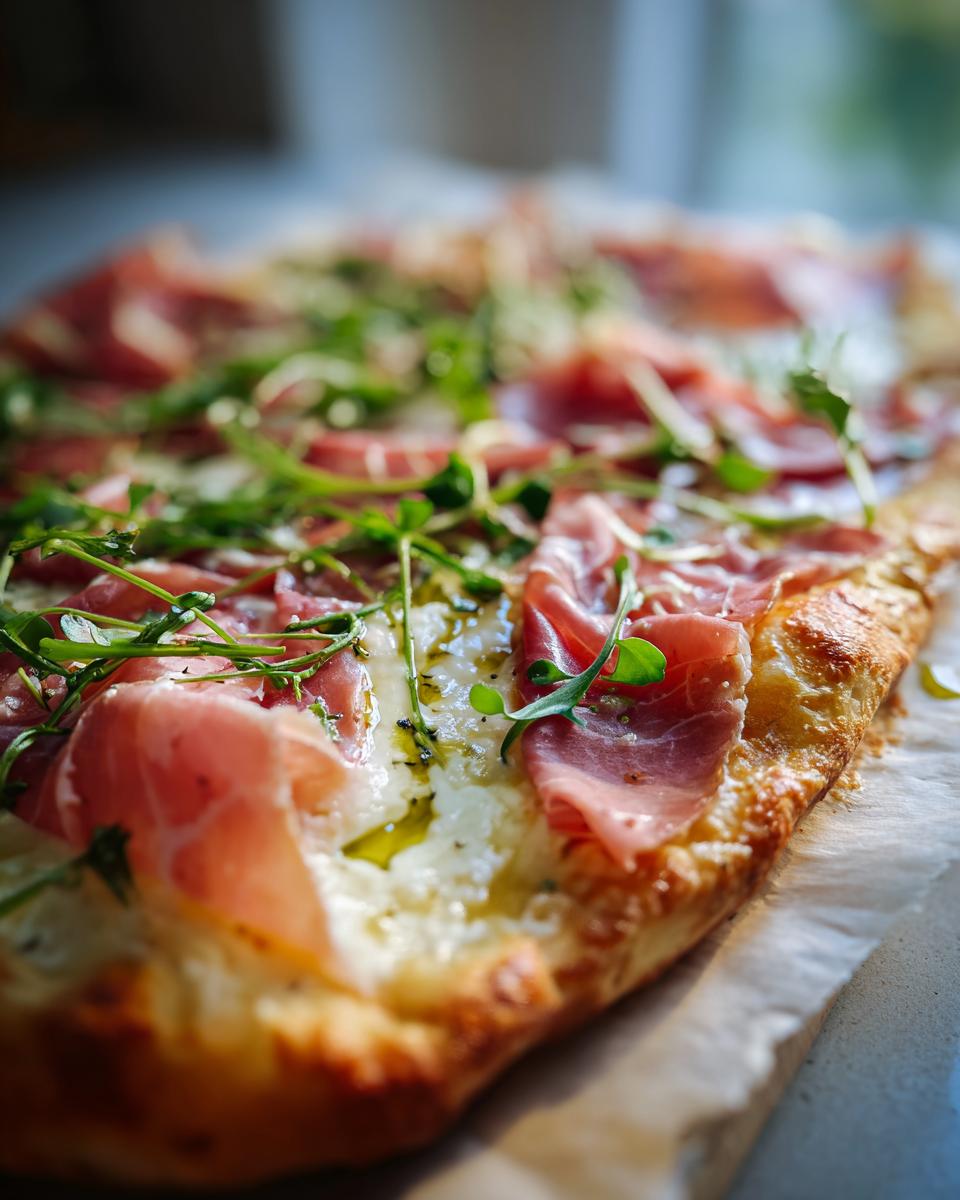 Amazing Prosciutto Pea Shoot Pizza in 35 Min 2 Close-up of a delicious Prosciutto and Pea Shoot Pizza, with fresh ingredients.