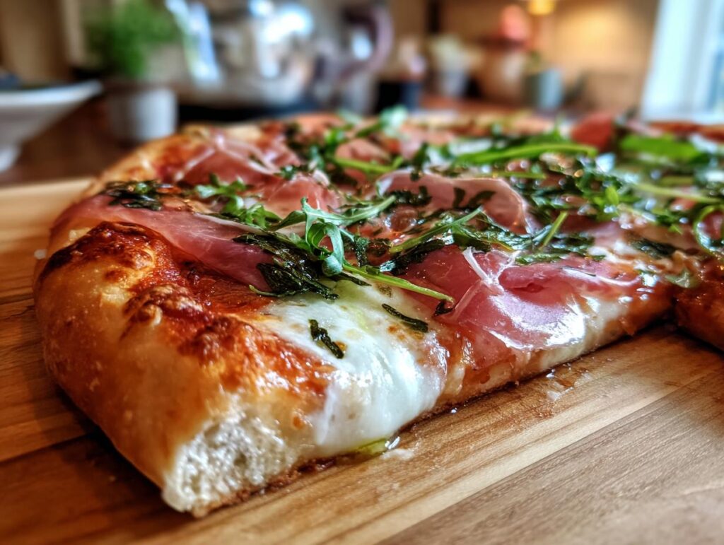 Close-up of a slice of Prosciutto and Pea Shoot Pizza on a wooden board, with melted cheese and fresh toppings.