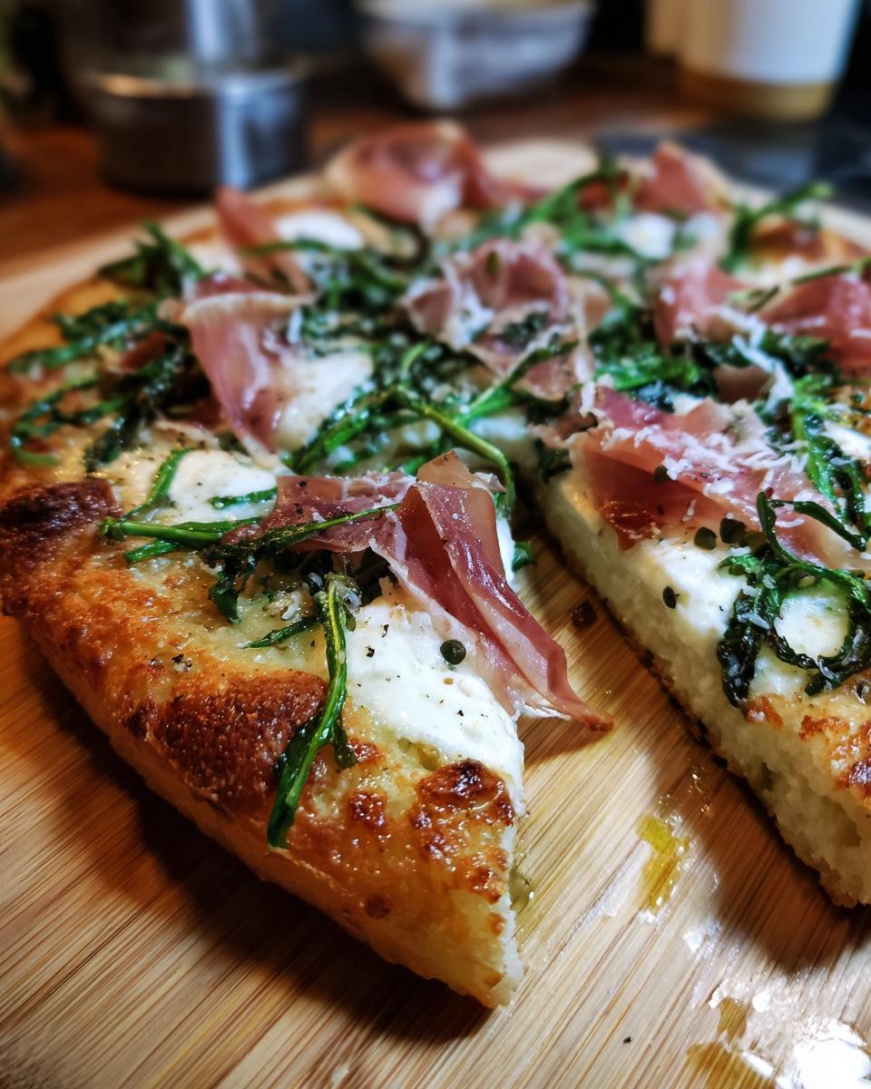 Amazing Prosciutto Pea Shoot Pizza in 35 Min 4 Close-up of a slice of Prosciutto and Pea Shoot Pizza on a wooden board.