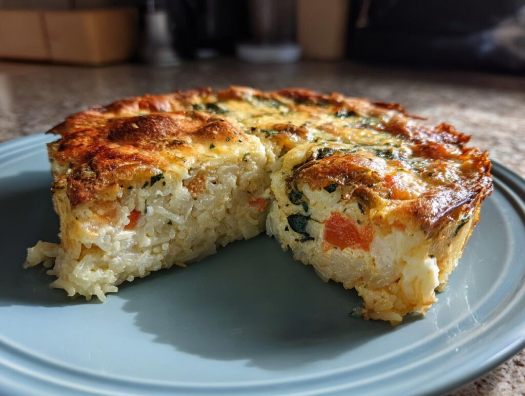 A slice of delicious Quiche with Rice Crust on a blue plate, showing the rice crust and filling.