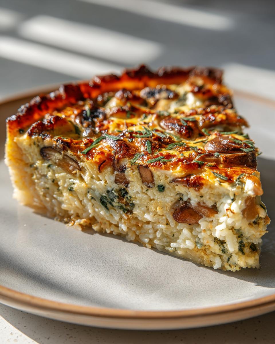 A slice of quiche with rice crust on a plate. The quiche with rice crust looks delicious.