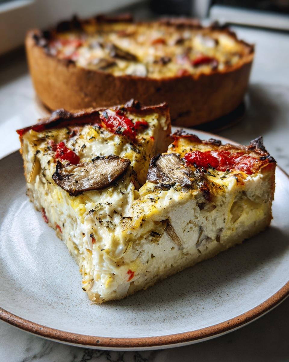 Close-up of a slice of Quiche with Rice Crust on a plate, showing the filling and crust.