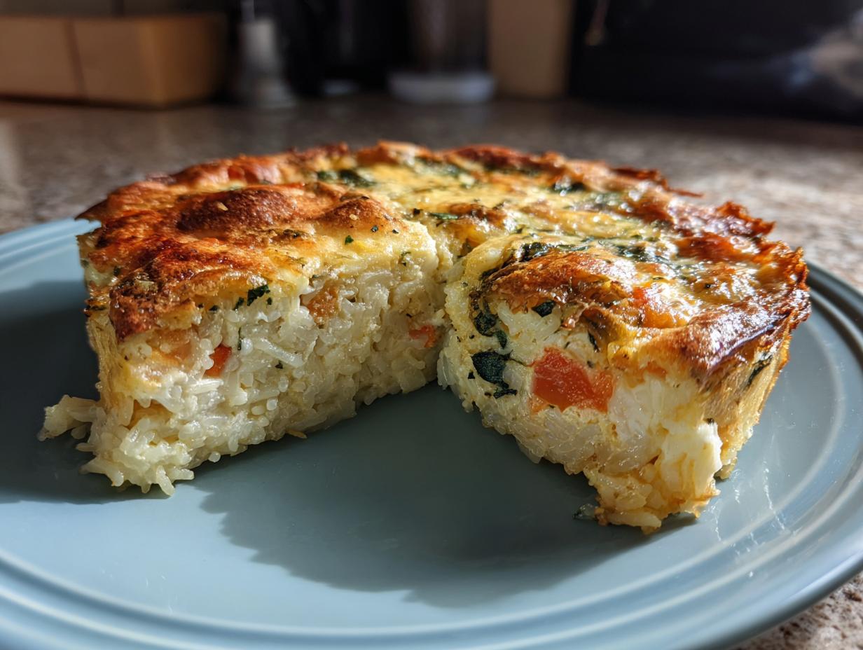A slice of delicious Quiche with Rice Crust on a blue plate, showing the rice crust and filling.