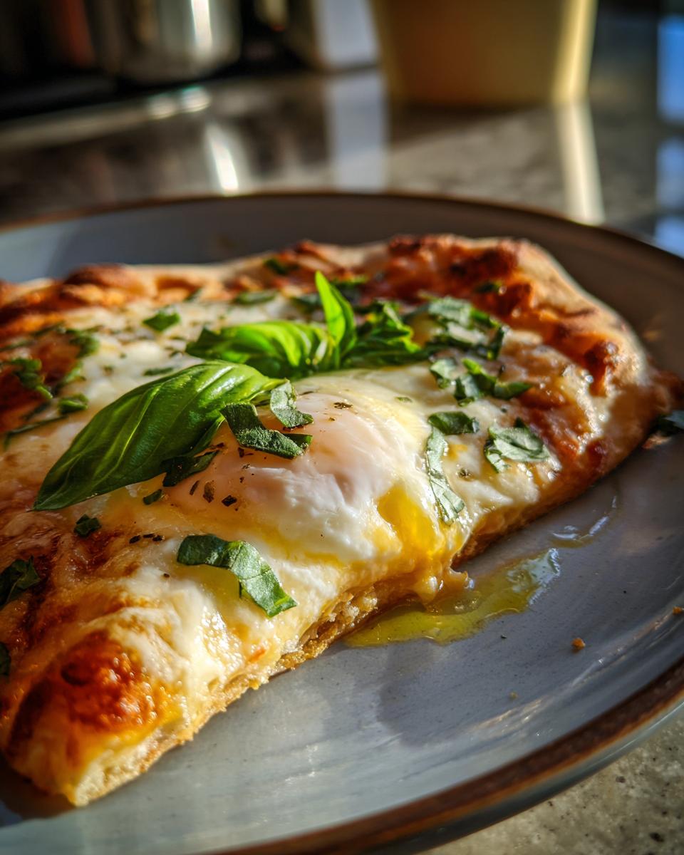 Close-up of a slice of Quick Flatbread Pizza Margherita with egg and basil.
