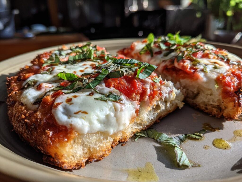 Close-up of Quick Flatbread Pizza Margherita slices with fresh basil and melted mozzarella.