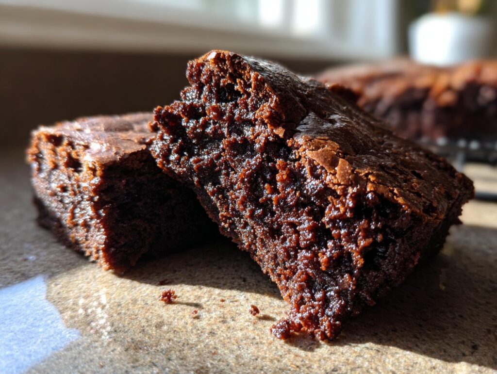 Close-up of a rich, fudgy brownie, showing the texture. The primary keyword is Rich, Fudgy, and Completely Irresistible.
