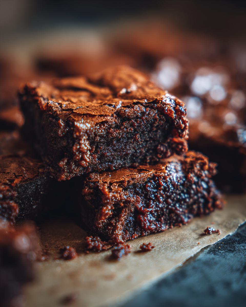 Close-up of stacked rich, fudgy brownies on parchment paper, showing a delicious texture.