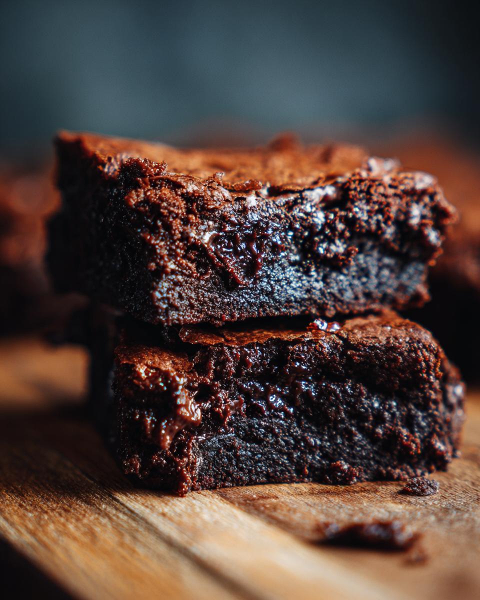 Close-up of two rich, fudgy brownies, showing the texture. These brownies are completely irresistible!