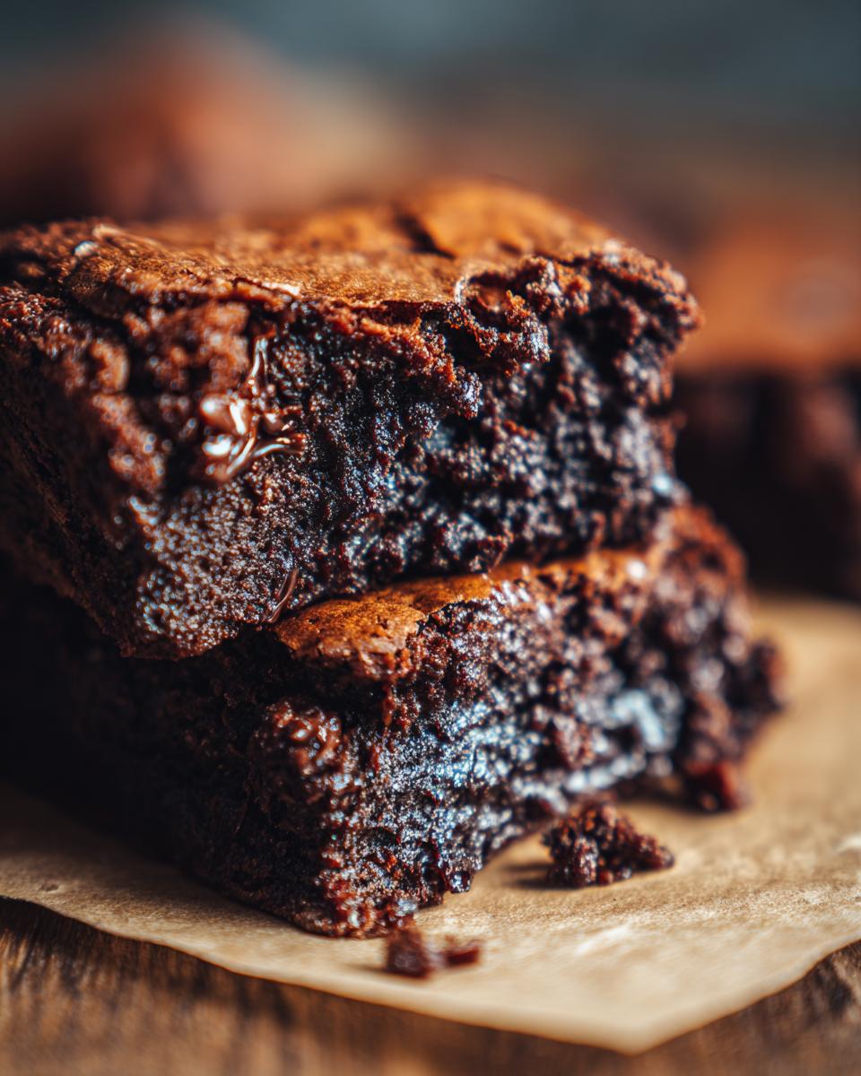 Close-up of two stacked Rich, Fudgy brownies on parchment paper, showing a moist, delicious texture.