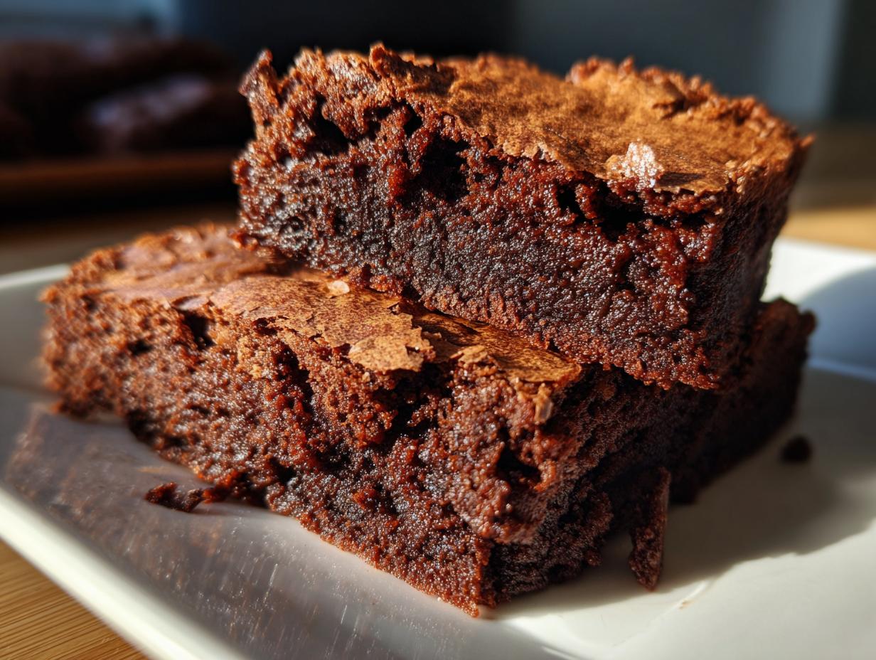 Close-up of two stacked rich, fudgy brownies on a white plate, showing the texture.