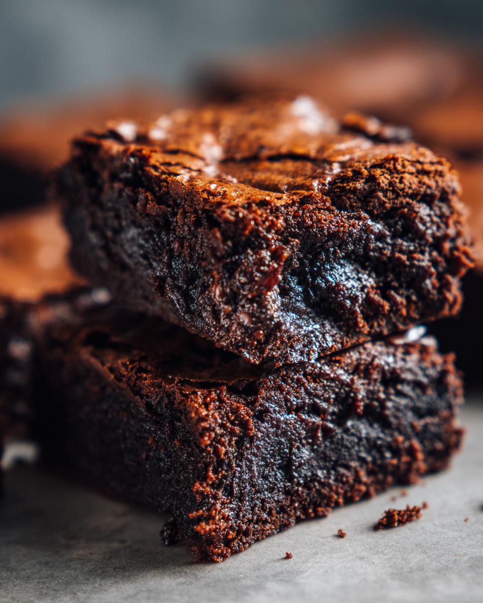 Close-up of stacked rich, fudgy, and completely irresistible brownies, showing the texture.