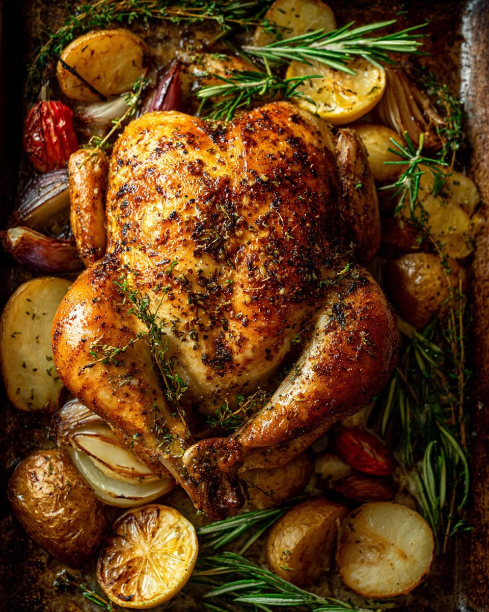Whole roasted chicken with potatoes, onions, and herbs, perfect for the Ultimate Weeknight Dinner with Almost No Cleanup.