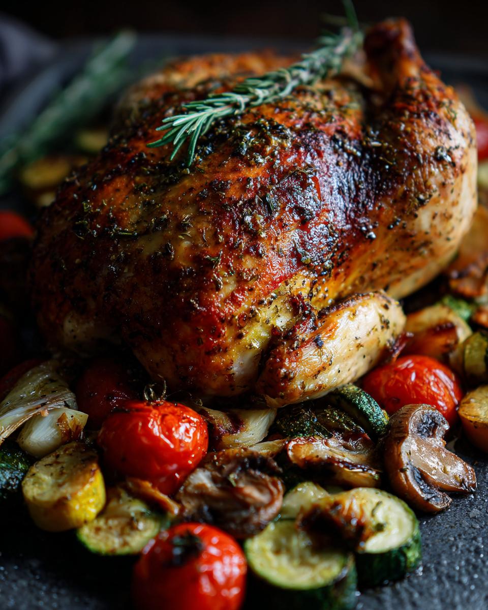 Whole roasted chicken with vegetables, perfect for an Ultimate Weeknight Dinner with Almost No Cleanup.