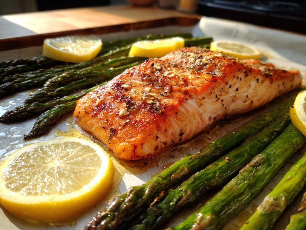 Close-up of roasted lemon salmon with asparagus on a sheet pan, ready to eat. The dish is the Roasted Lemon Salmon & Asparagus.