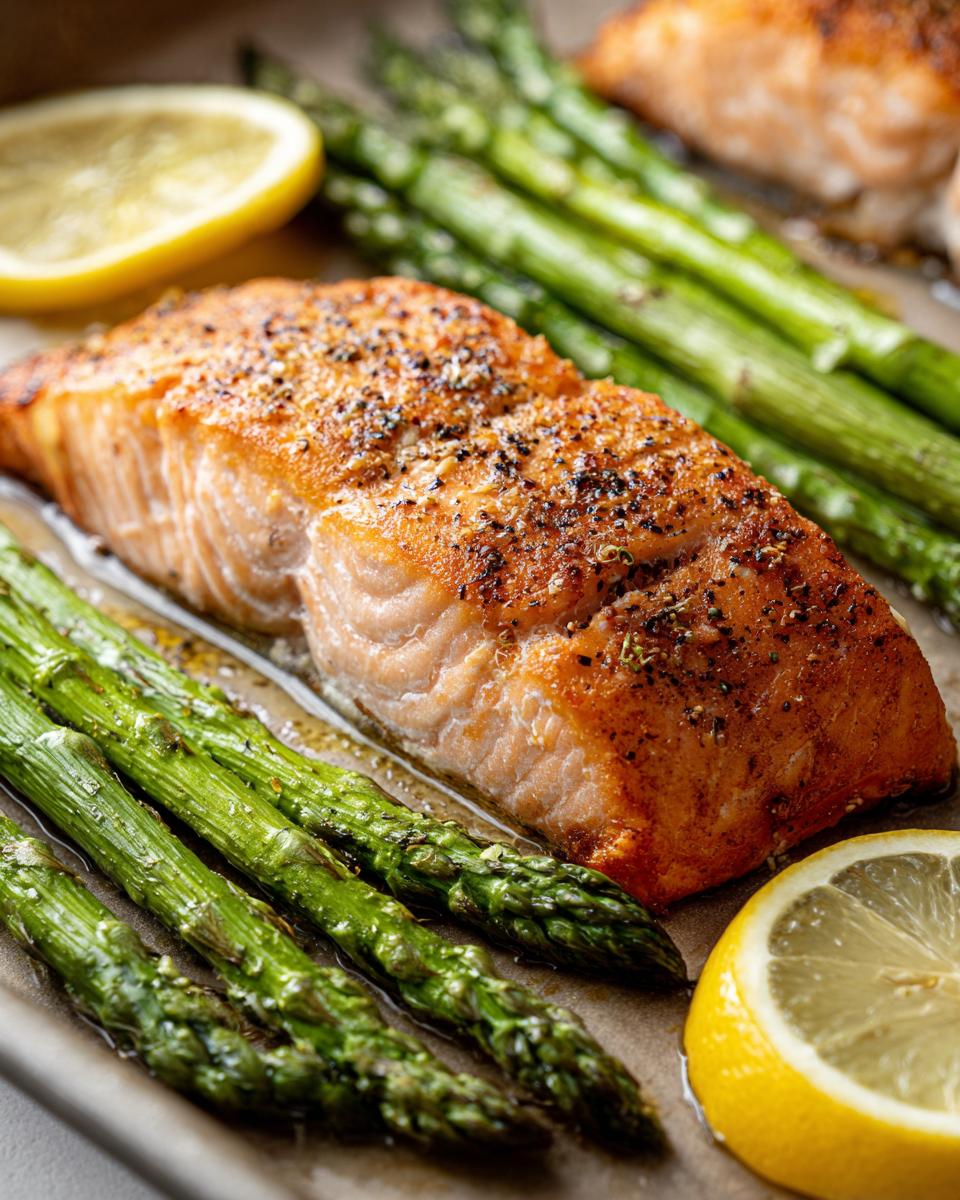 Close-up of roasted lemon salmon & asparagus on a sheet pan, with lemon slices.