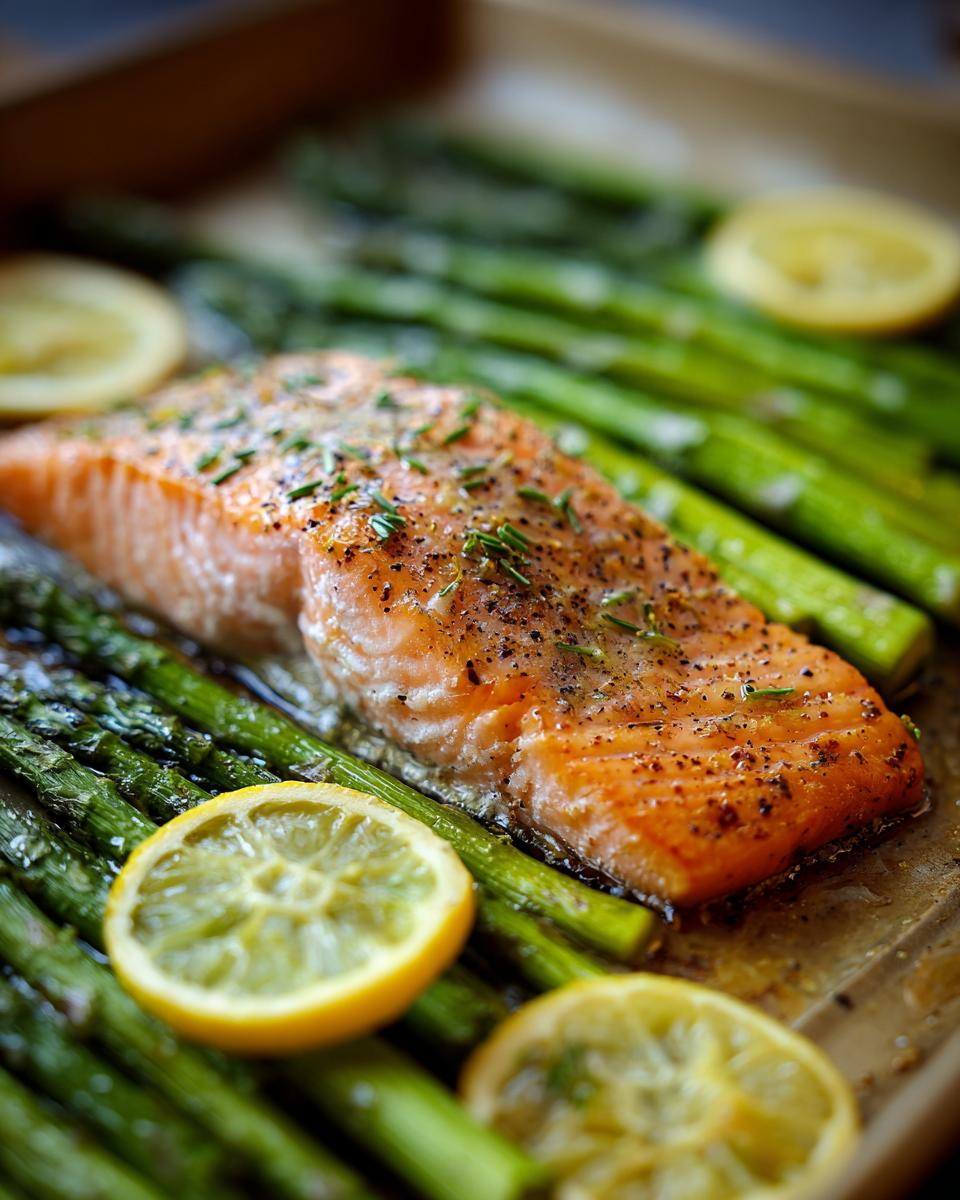 Close-up of Roasted Lemon Salmon & Asparagus on a sheet pan with lemon slices.
