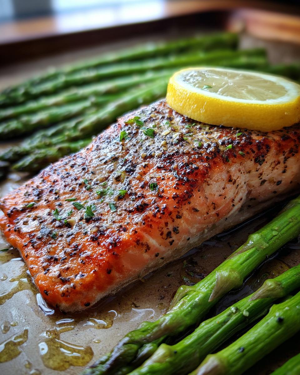 Close-up of roasted lemon salmon with asparagus on a sheet pan. The dish is the Roasted Lemon Salmon & Asparagus.