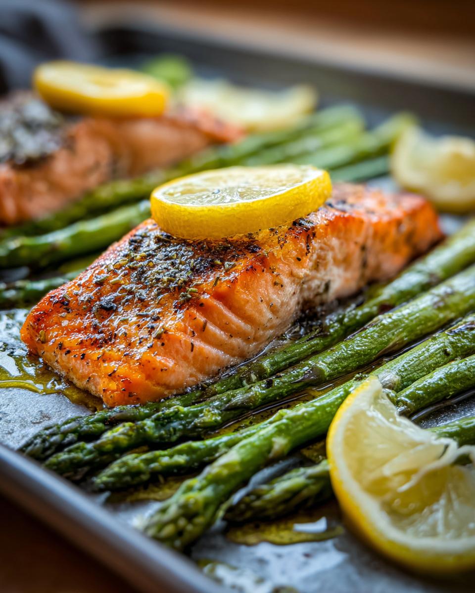 Close-up of roasted lemon salmon and asparagus on a sheet pan. The dish is the Roasted Lemon Salmon & Asparagus.