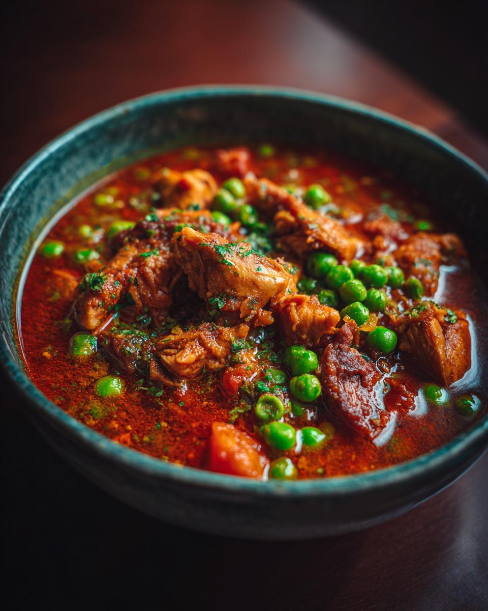 Close-up of a bowl filled with Romanian Chicken & Pea Stew, a flavorful and hearty stew.