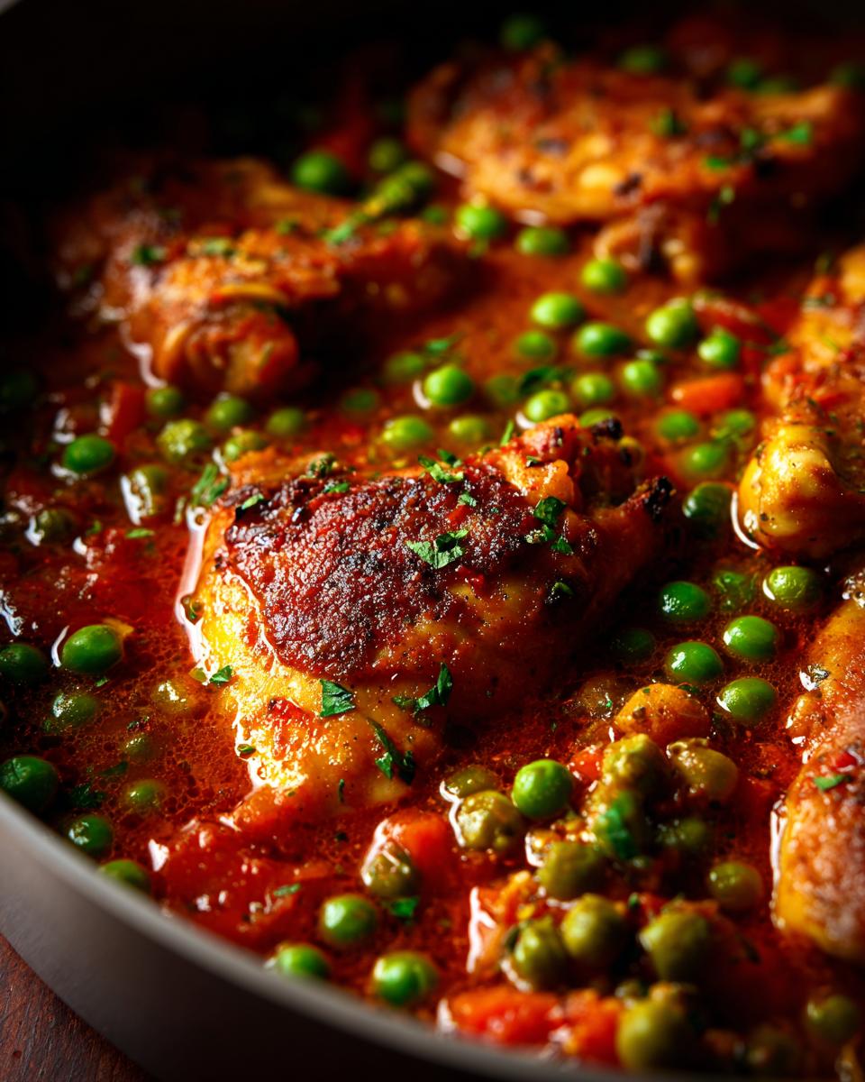 Close-up of a pan of Romanian Chicken & Pea Stew with chicken thighs and green peas.