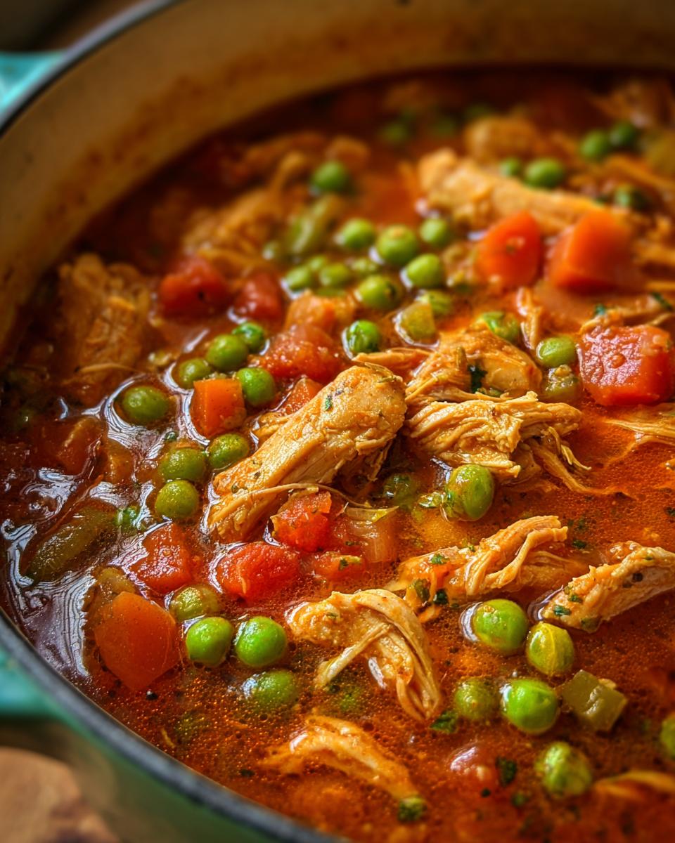 Close-up of a pot of Romanian Chicken & Pea Stew with chicken, peas, and tomatoes.