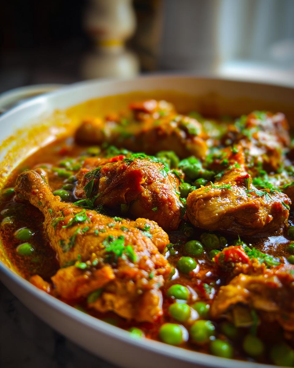 Close-up of a flavorful Romanian Chicken & Pea Stew with chicken drumsticks and peas.