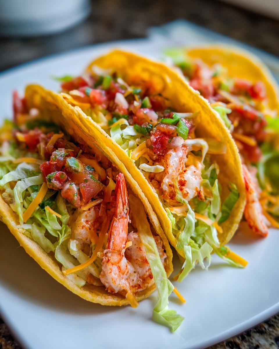 Close-up of shrimp tacos with fresh salsa, lettuce, and cheese. One bite and you'll understand the hype!