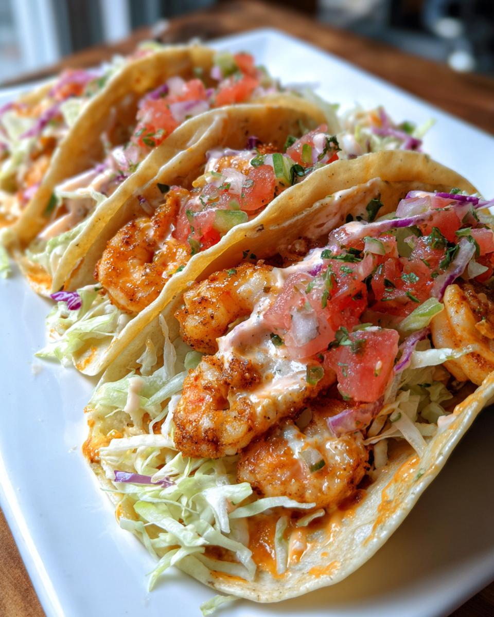 Close-up of shrimp tacos with toppings. One bite and you'll understand the hype.