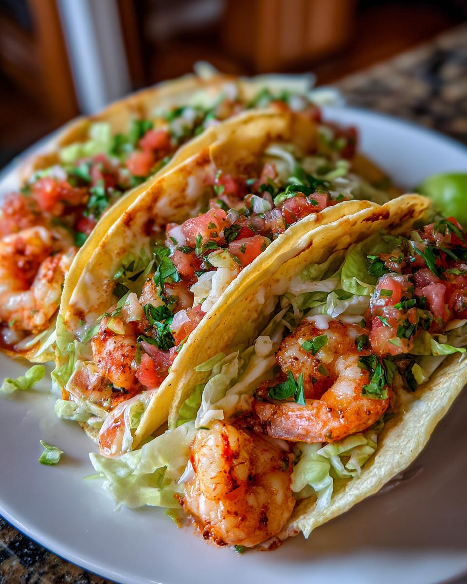 Close-up of three delicious shrimp tacos, showcasing the ingredients. One Bite and You’ll Understand the Hype.