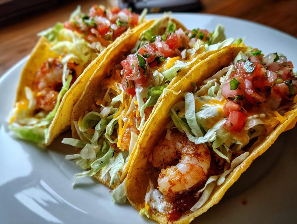 Close-up of three shrimp tacos, showcasing the ingredients. One bite and you'll understand the hype!
