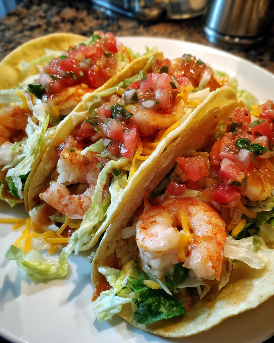 Close-up of shrimp tacos with pico de gallo, lettuce, and cheese. One bite and you’ll understand the hype.