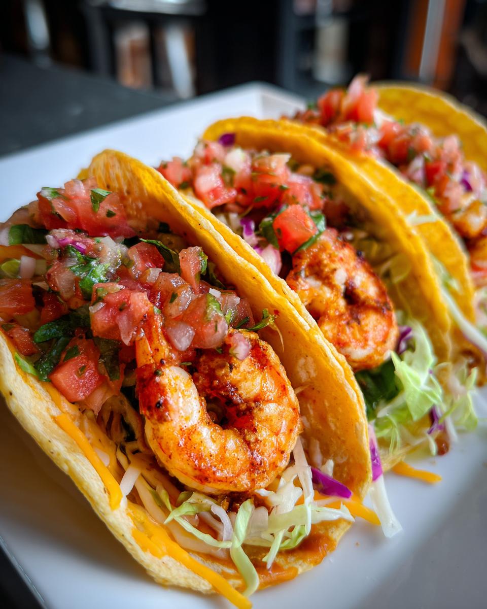Close-up of three delicious shrimp tacos, showcasing fresh salsa and ingredients. One Bite and You’ll Understand the Hype!