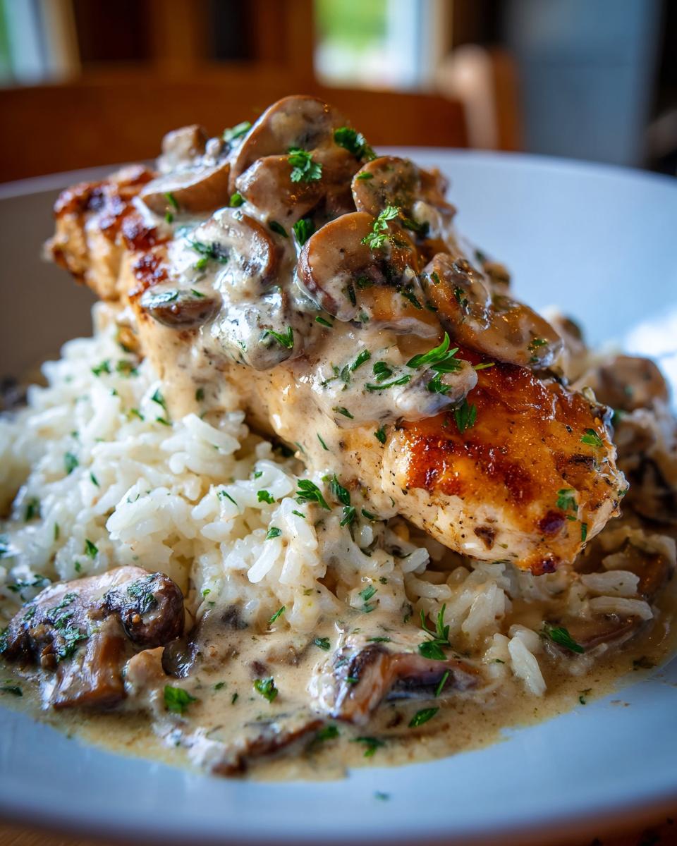 Close-up of a serving of Best Smothered Chicken and Rice Recipe, with creamy mushroom sauce.