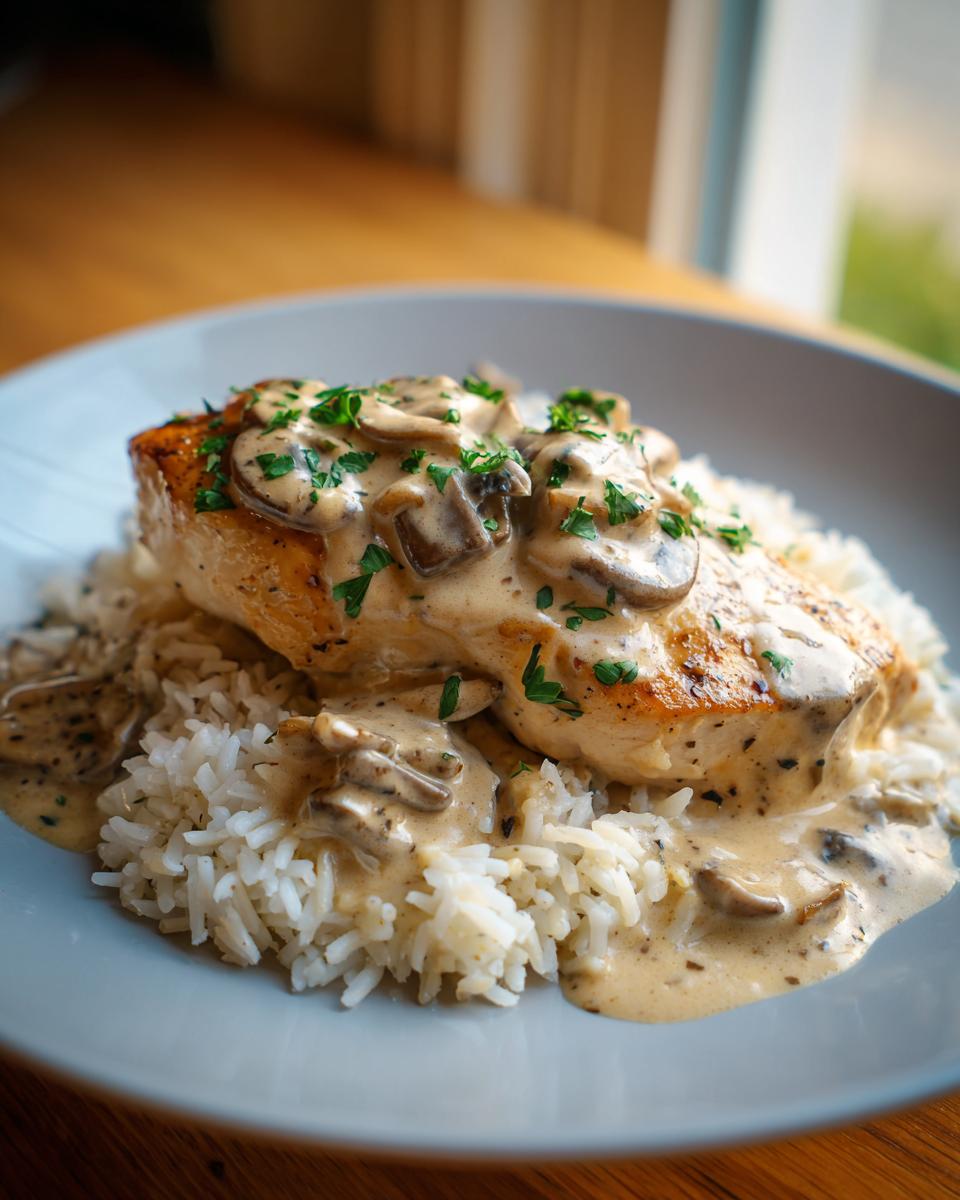 A plate of Best Smothered Chicken and Rice Recipe, topped with mushroom sauce and parsley.