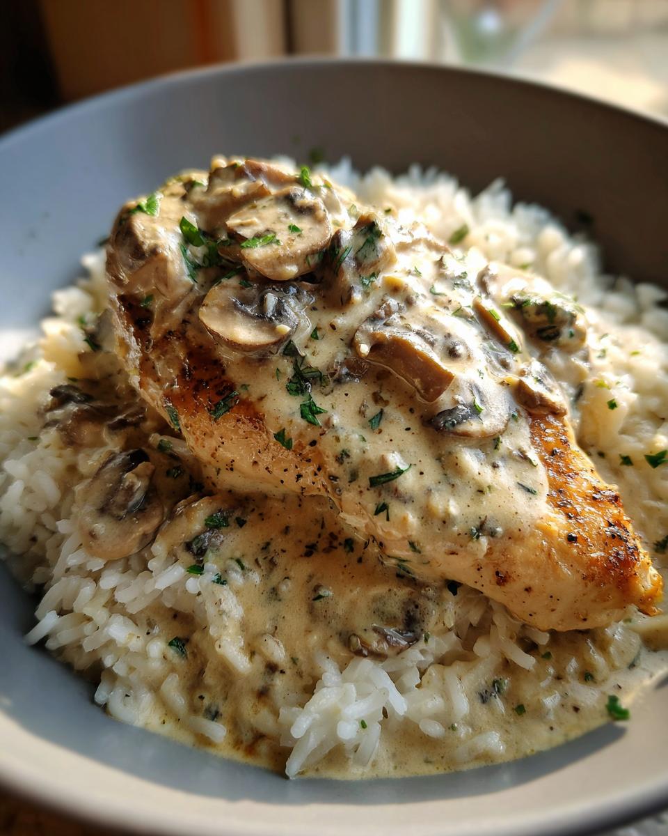 Close-up of Best Smothered Chicken and Rice Recipe with mushroom sauce and rice.