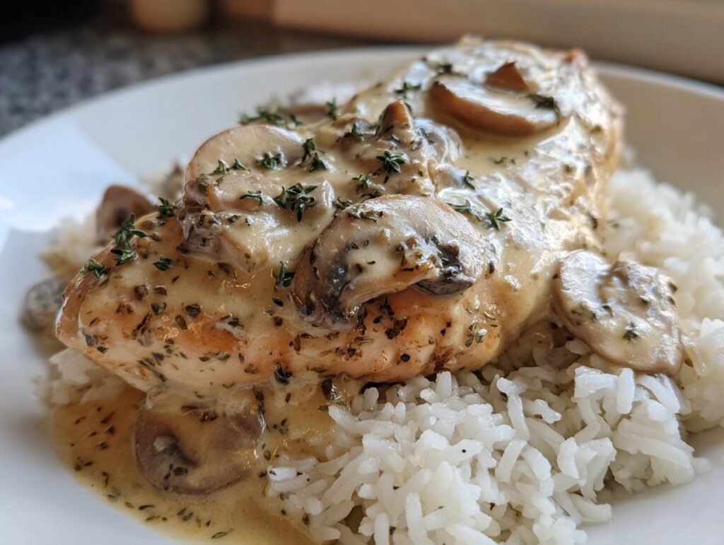 Delicious plate of Best Smothered Chicken and Rice Recipe with creamy mushroom sauce and herbs.