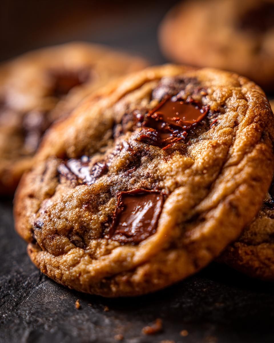 Close-up of delicious chocolate chip Cookies That Get Softer Every Single Day, with melted chocolate.