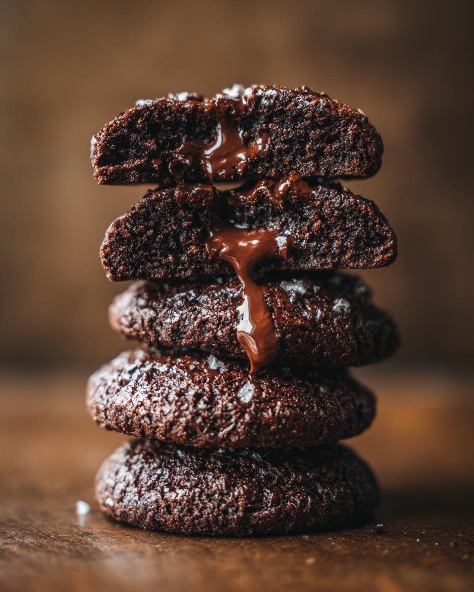 Close-up of a stack of soft chocolate Cookies That Get Softer Every Single Day, with melted chocolate.