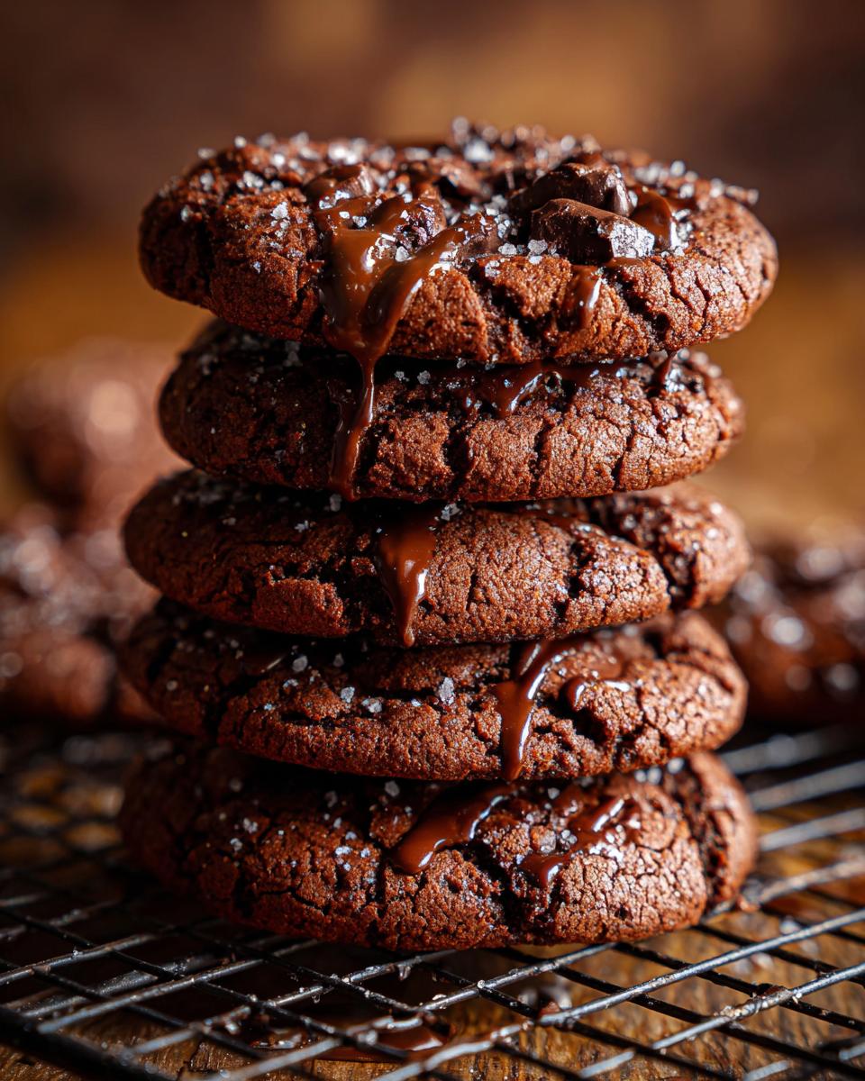 Stack of soft chocolate Cookies That Get Softer Every Single Day, drizzled with chocolate and sprinkled with sea salt.