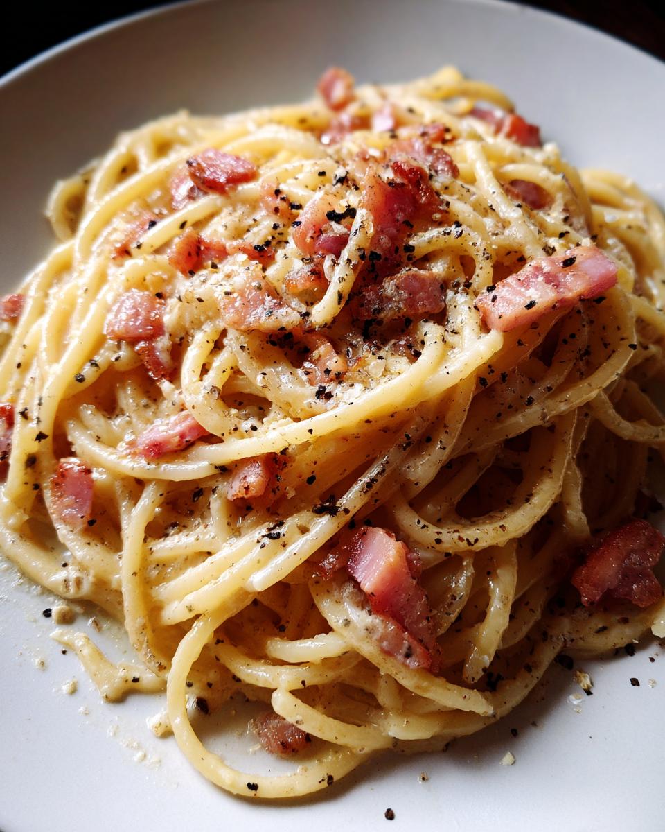 Close-up of spaghetti carbonara, a recipe with millions of views online, with bacon and pepper.